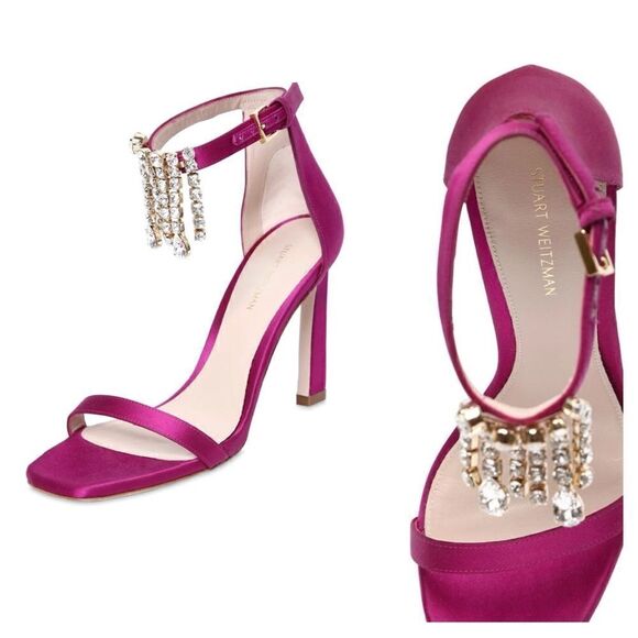 New Stuart Weitzman Fuchsia Satin 100MM Swarovski Fringes High Heels Sandals 65